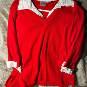 Jensen Red and White V-Neck Top With White Collar